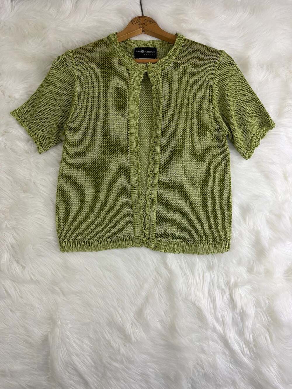 Vintage Sag Harbor Petite Cardigan Sweater Medium Green Short Sleeve Open Knit